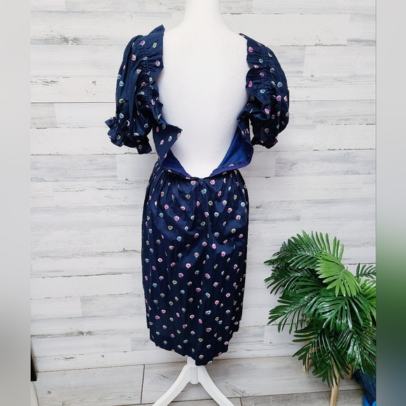 Vintage Mary Blair Navy Blue Floral Print Puff Sleeve Dress - Picture 5 of 5